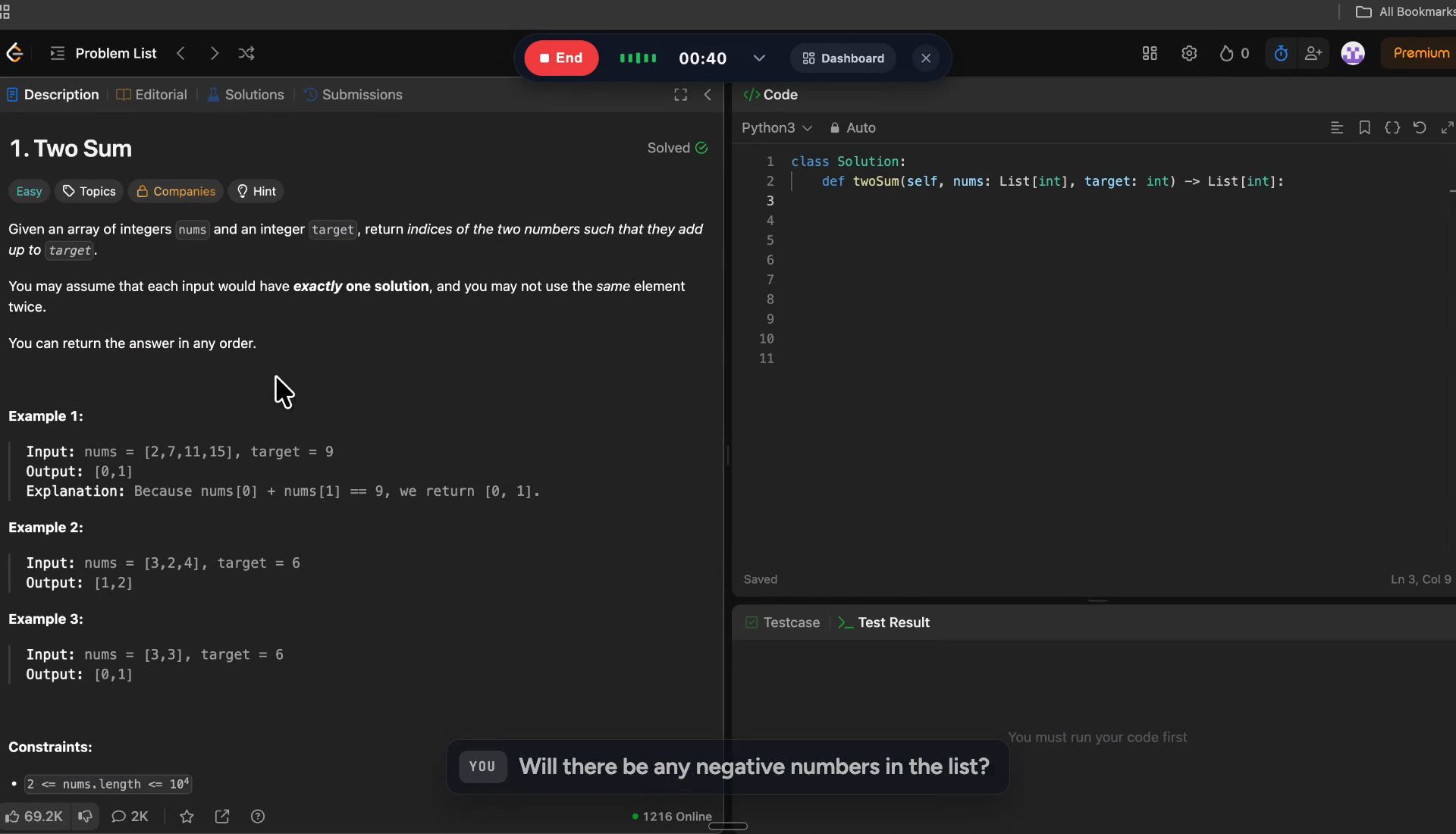 A live Lade session on LeetCode: the timer runs while the candidate asks the interviewer whether the list can contain negative numbers